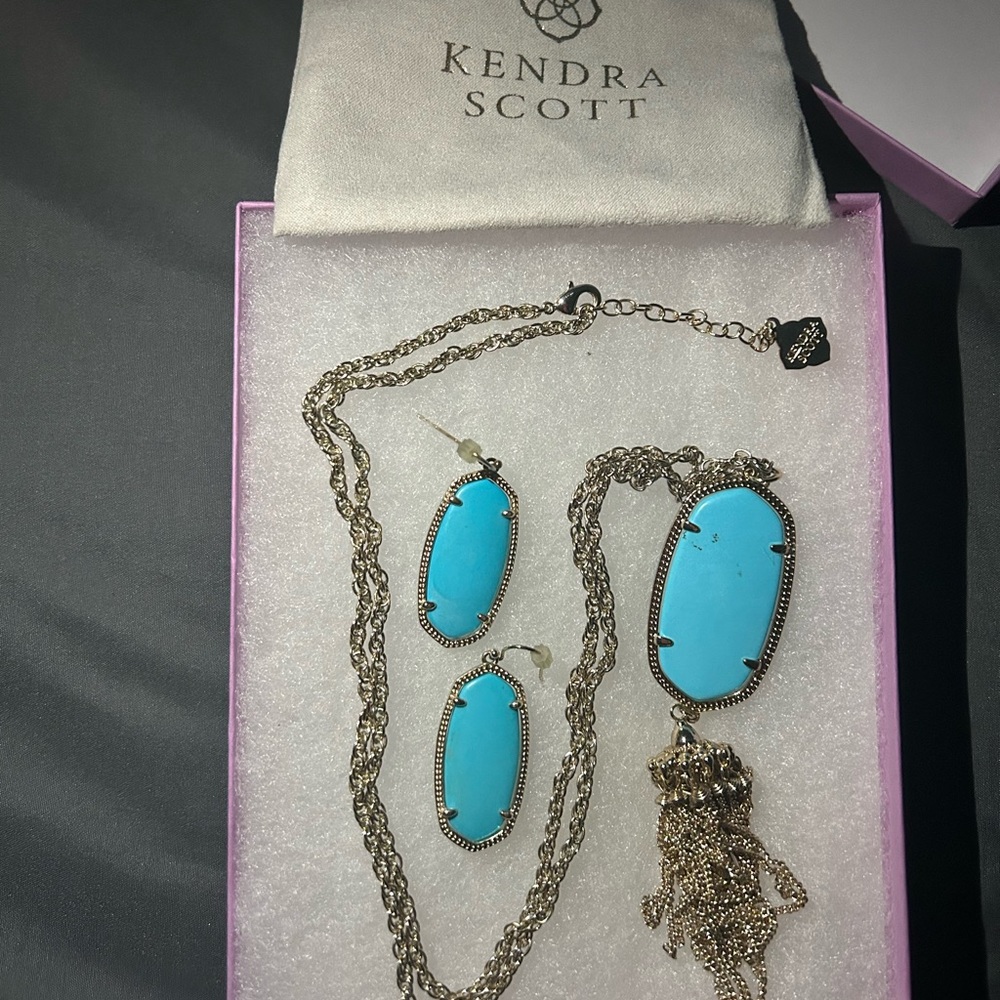 Kendra Scott Necklace And Earring Set Teal And Gold Gem
